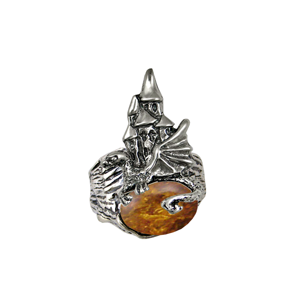 Sterling Silver Dragon And Her Castle Ring With Amber Size 7